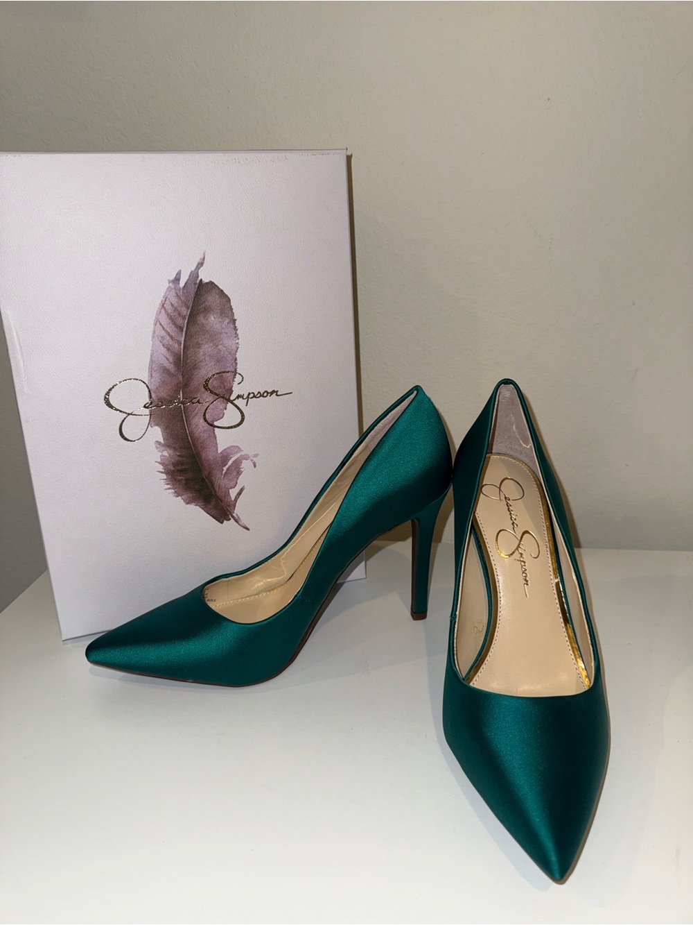 Jessica Simpson Emerald Satin Pointed-Toe Pumps - Picture 2 of 7